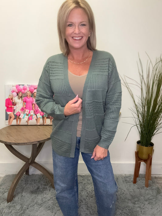 Open Front Pointelle Sweater Cardigan Staccato Sage Seafoam knit varying fabric styles in wide stripes soft