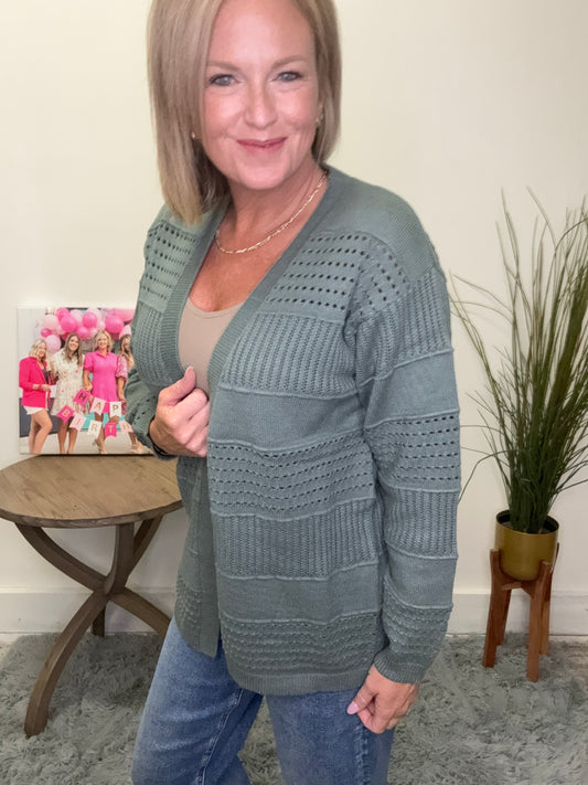 Open Front Pointelle Sweater Cardigan Staccato Sage Seafoam knit varying fabric styles in wide stripes soft