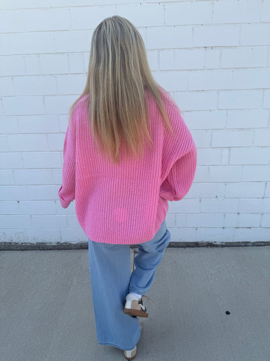 Hyfve pink bubblegum sweater oversized knit top wide sleeves cuffs long chest pocket