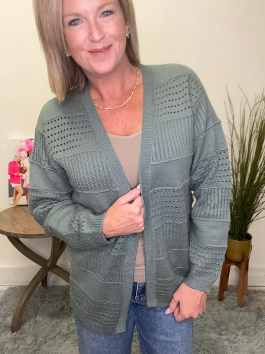 Open Front Pointelle Sweater Cardigan Staccato Sage Seafoam knit varying fabric styles in wide stripes soft