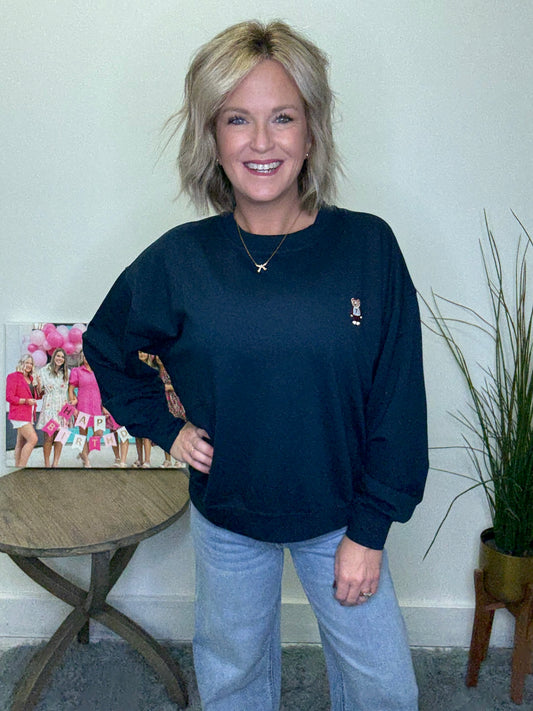 Blu pepper soft navy sweatshirt small teddy bear applique patch trendy boutique shop roanoke IN pullover