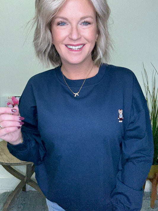 Blu pepper soft navy sweatshirt small teddy bear applique patch trendy boutique shop roanoke IN pullover