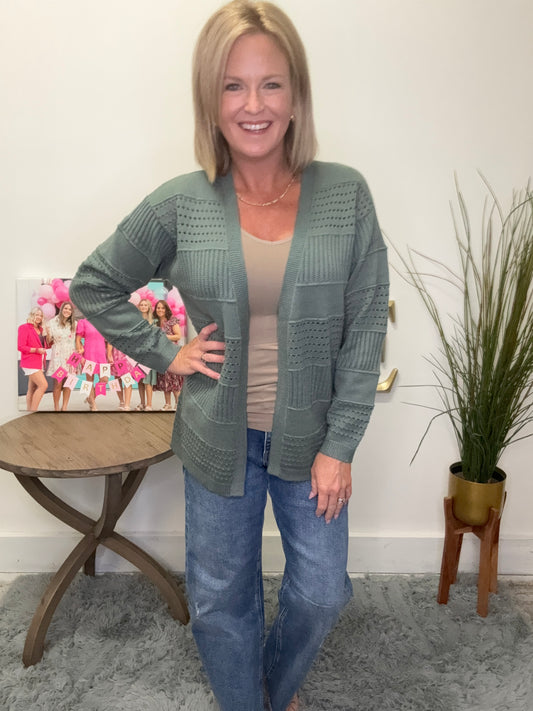 Open Front Pointelle Sweater Cardigan Staccato Sage Seafoam knit varying fabric styles in wide stripes soft