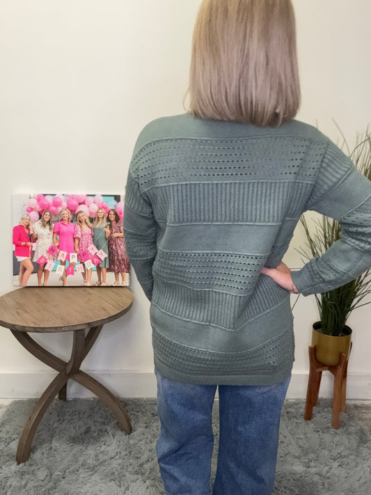 Open Front Pointelle Sweater Cardigan Staccato Sage Seafoam knit varying fabric styles in wide stripes soft