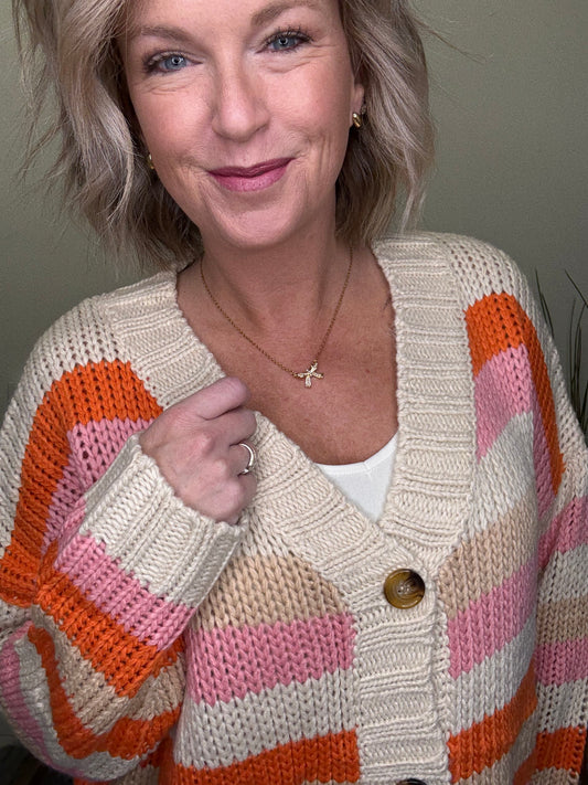 Hayden LA beige v-neck button front cardigan chunky knit pink orange stripes roanoke indiana shop boutique