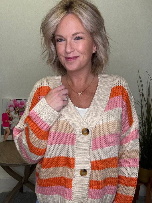 Hayden LA beige v-neck button front cardigan chunky knit pink orange stripes roanoke indiana shop boutique