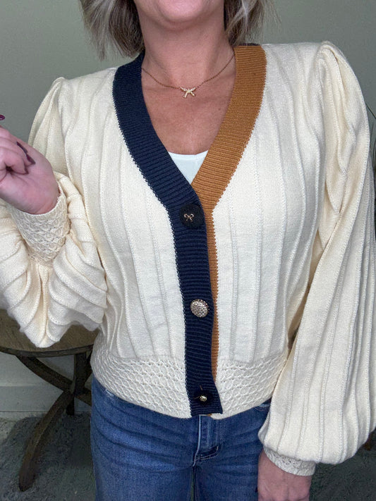 THML cardigan button front bow brass covered cream ivory navy rust brown ribbed details knit sweater top fall