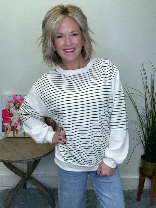 blu pepper joa boutique sweatshirt pullover top black white stripe comfy casual fall winter roanoke in shop