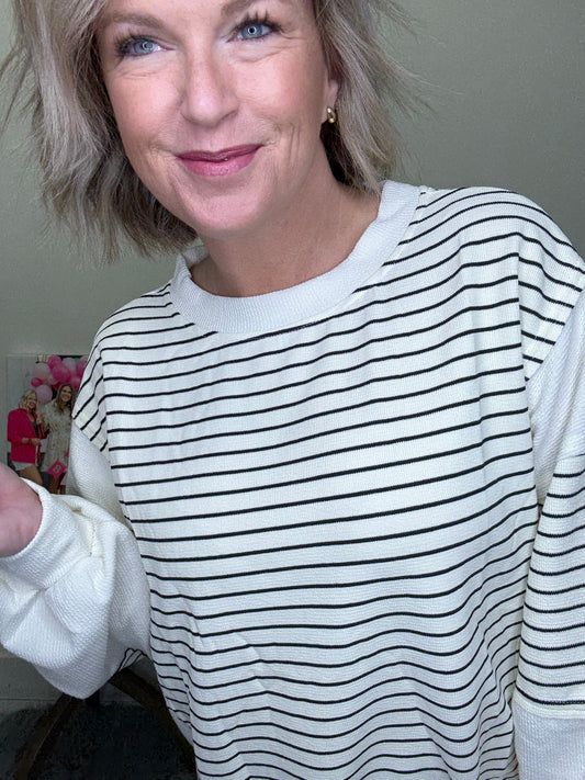 blu pepper joa boutique sweatshirt pullover top black white stripe comfy casual fall winter roanoke in shop