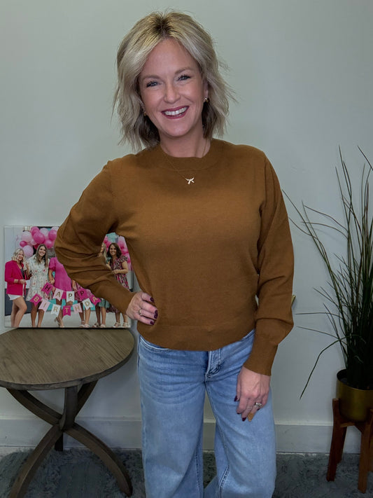 blu pepper lightweight rust camel sweater comfy snug soft crew neck pullover knit top boutique roanoke in shop