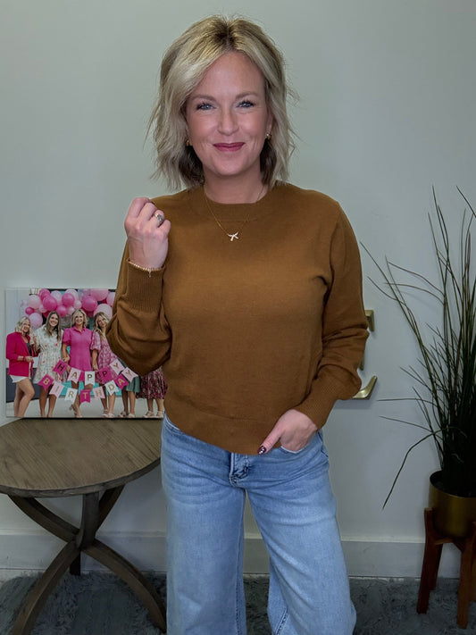 blu pepper lightweight rust camel sweater comfy snug soft crew neck pullover knit top boutique roanoke in shop