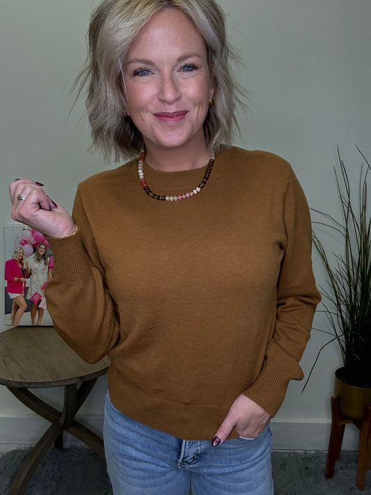 blu pepper lightweight rust camel sweater comfy snug soft crew neck pullover knit top boutique roanoke in shop