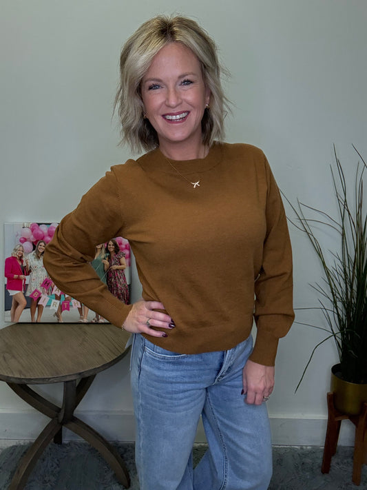 blu pepper lightweight rust camel sweater comfy snug soft crew neck pullover knit top boutique roanoke in shop