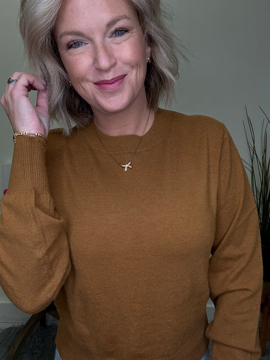 blu pepper lightweight rust camel sweater comfy snug soft crew neck pullover knit top boutique roanoke in shop