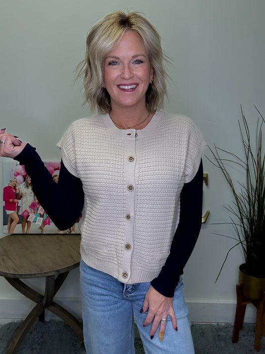 blu pepper vest cardigan knit top sleeveless button down front textured cream beige fall boutique shop roanoke