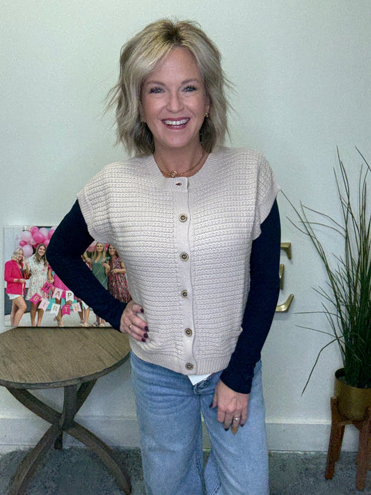 blu pepper vest cardigan knit top sleeveless button down front textured cream beige fall boutique shop roanoke