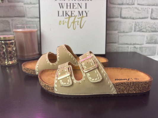 Embroidered Berk Double Buckle Sandals in Taupe - Ella Chic Boutique