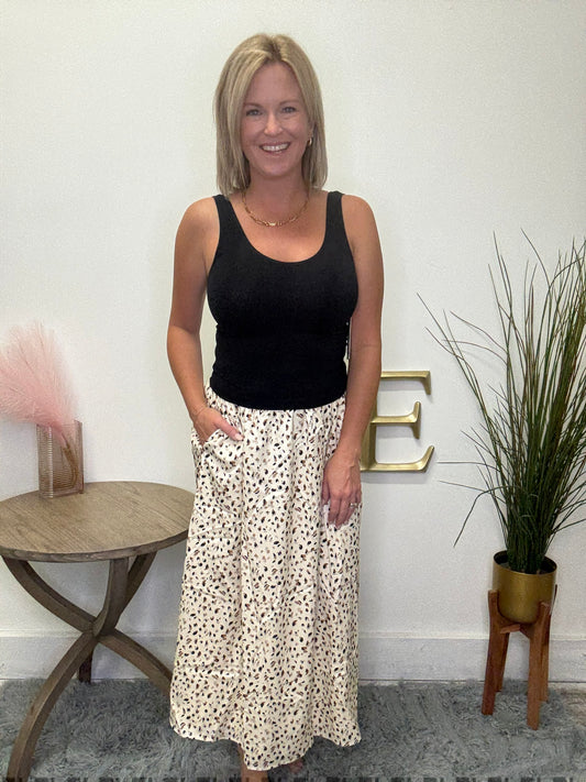 Mikarose Maxi Skirt Dapple Dash pockets fully lined full cream black neutrals taupe tan
