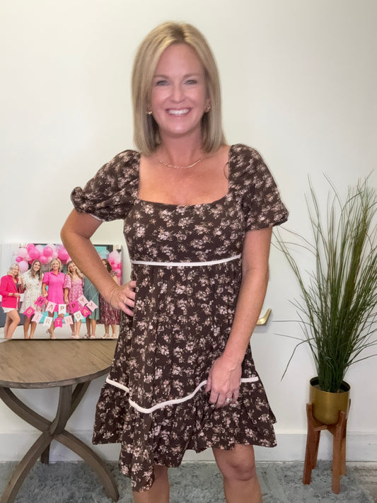 Floral Trim Puff Sleeve Mini Dress