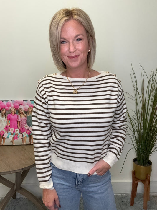 Buttoned Shoulder Stripes Sweater Top in Brown