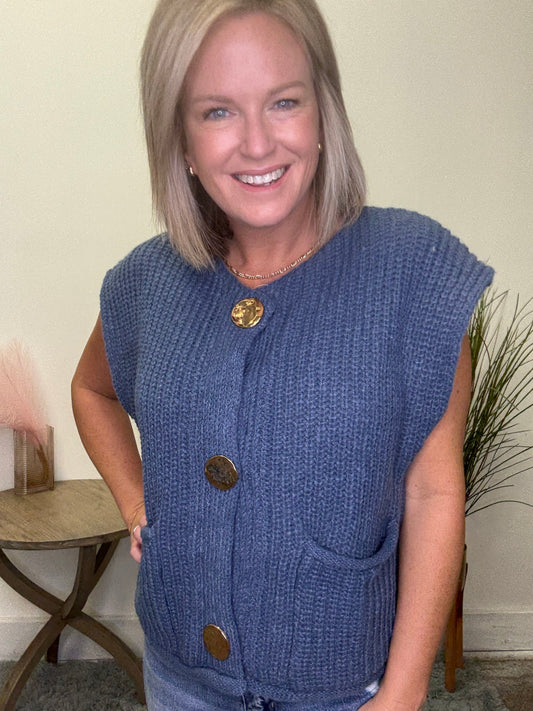 Big Metal Button Front Sweater Vest - Ella Chic Boutique