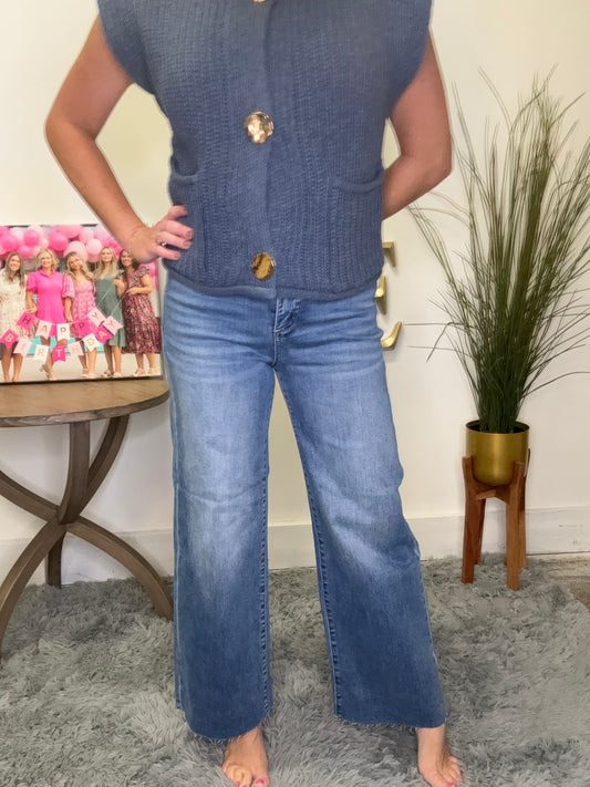 risen brand jeans high rise wide leg medium wash raw hem crop tummy control boutique Indiana