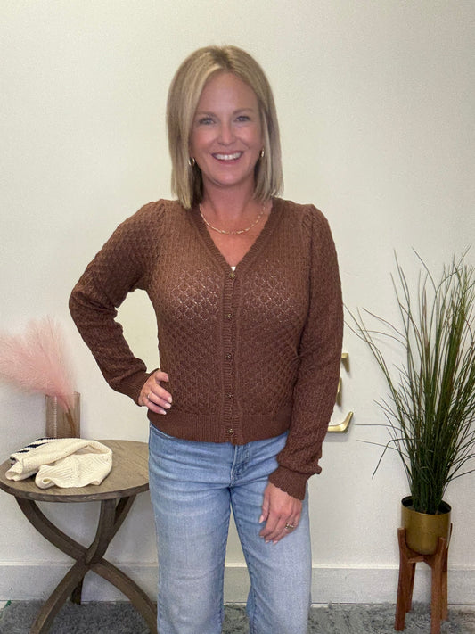 Pointelle Cardigan with Rose Buttons - Ella Chic Boutique