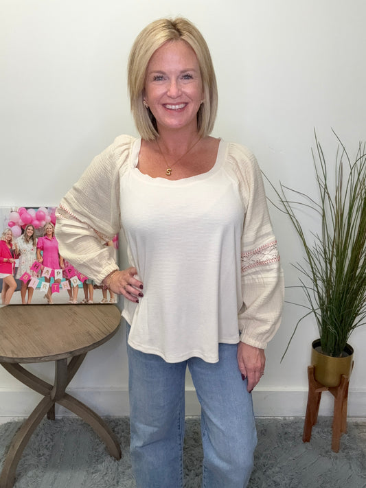  together cream ivory flowy top with lace and ribbon trim detail boat neck shirt blouse