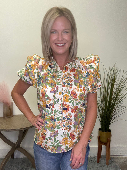 Floral Print Ruffled Tie Neck Top