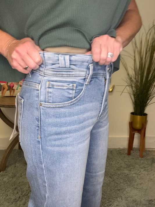 High Rise Tummy Control Cropped Wide Leg Jeans With Bow Waistband Risen Jeans light wash 27 in inseam
