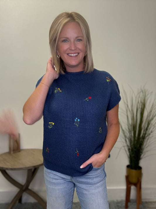 Mock Neck Embroidered Florals Sleeveless Sweater