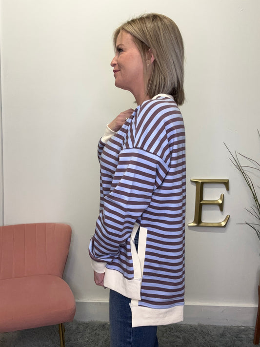 white birch striped pullover sweatshirt top side slit hem