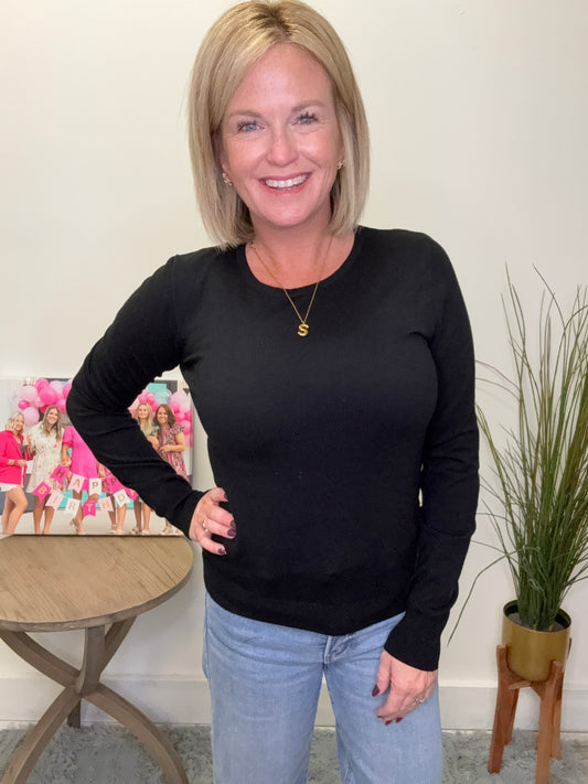 Long Sleeve Crew Neck Basic Sweater in Black