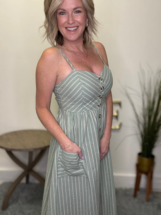hem and thread sage midi tank dress linen button front pockets boutique pinstripes