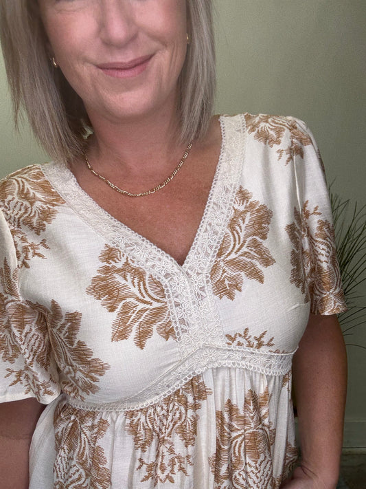 Textured Print Lace Detailed V-Neck Top - Ella Chic Boutique