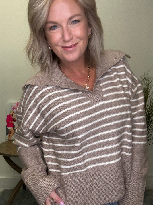 Textured Striped V-Neck Soft Sweater