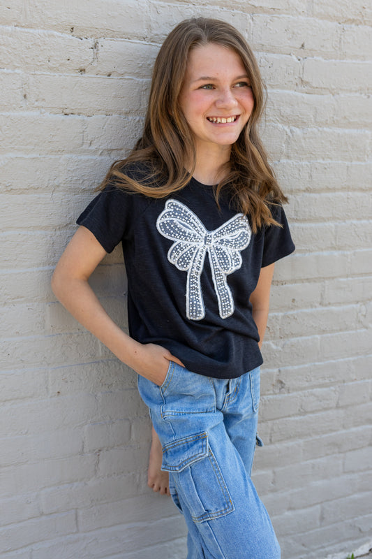Pearl Ribbon Patch Knit Top - Girls