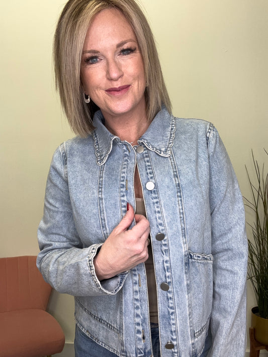 Lightweight Denim Jacket With Scallop Details - Ella Chic Boutique