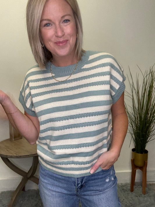 Polagram Baevely Seafoam striped short sleeve knit sweater top