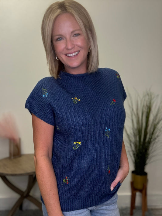 Mock Neck Embroidered Florals Sleeveless Sweater - Ella Chic Boutique