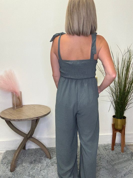 Lace front bust adjustable tie straps jumpsuit wide legs pockets Hayden la romper green teal