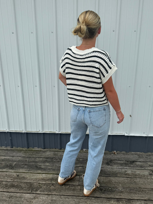Cropped Crochet Striped Sweater