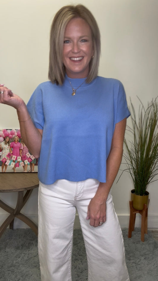 Mock Neck Short Sleeve Ribbed Boxy Sweater - Blue - Ella Chic Boutique
