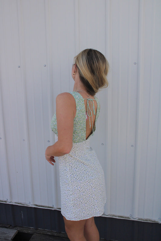 Ditsy floral print v-neck dress tie back papermoon green white