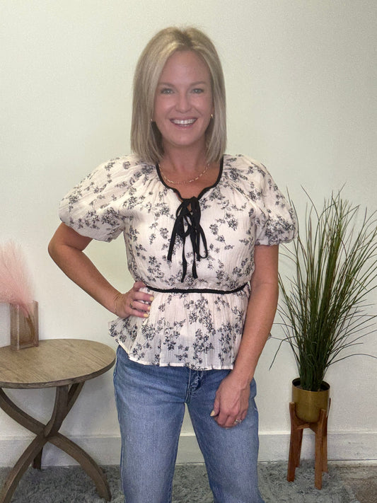 Double Bow Detail Textured Floral Top