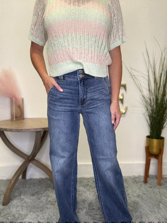 Judy blue high waist double button trouser wide leg jeans dark wash 