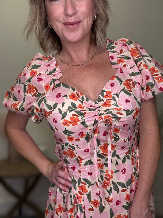 Very j new in floral print blush red maxi dress sweetheart neckline short puff sleeves open back tie