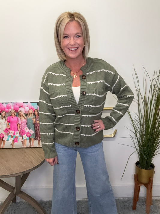 Staccato olive green white scallop button front pockets fall cardigan Roanoke Indiana 