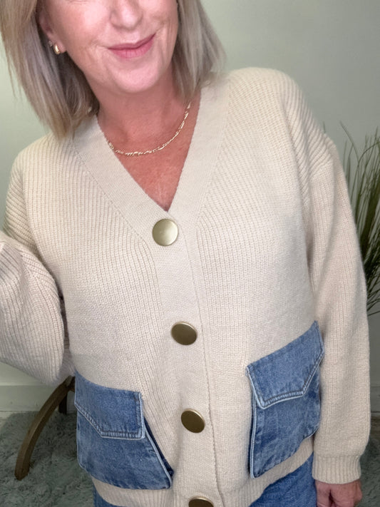 Turn to it Gold Button Denim Pocket Cardigan