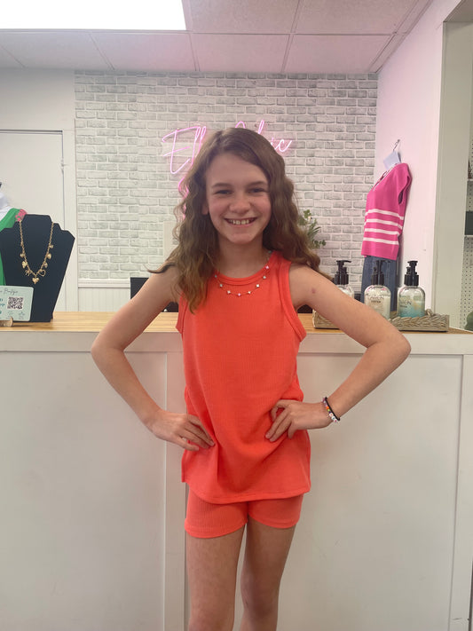 Ellie Waffle Knit Sleeveless Top and Biker Shorts Set in Coral - Girls - Ella Chic Boutique